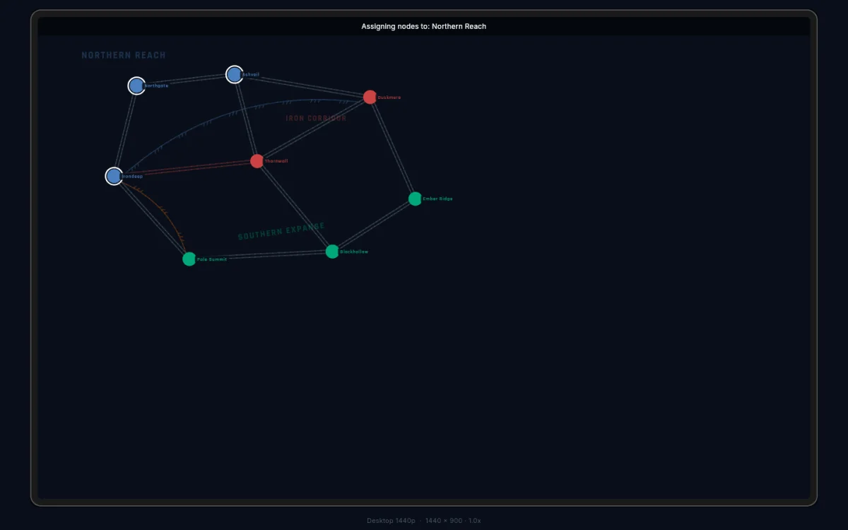 The canvas in bonus assignment mode with coloured rings on nodes
