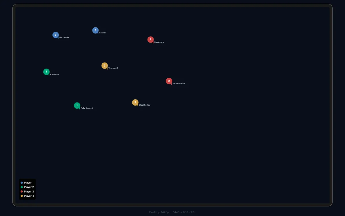 Map canvas with territories coloured by spawn group