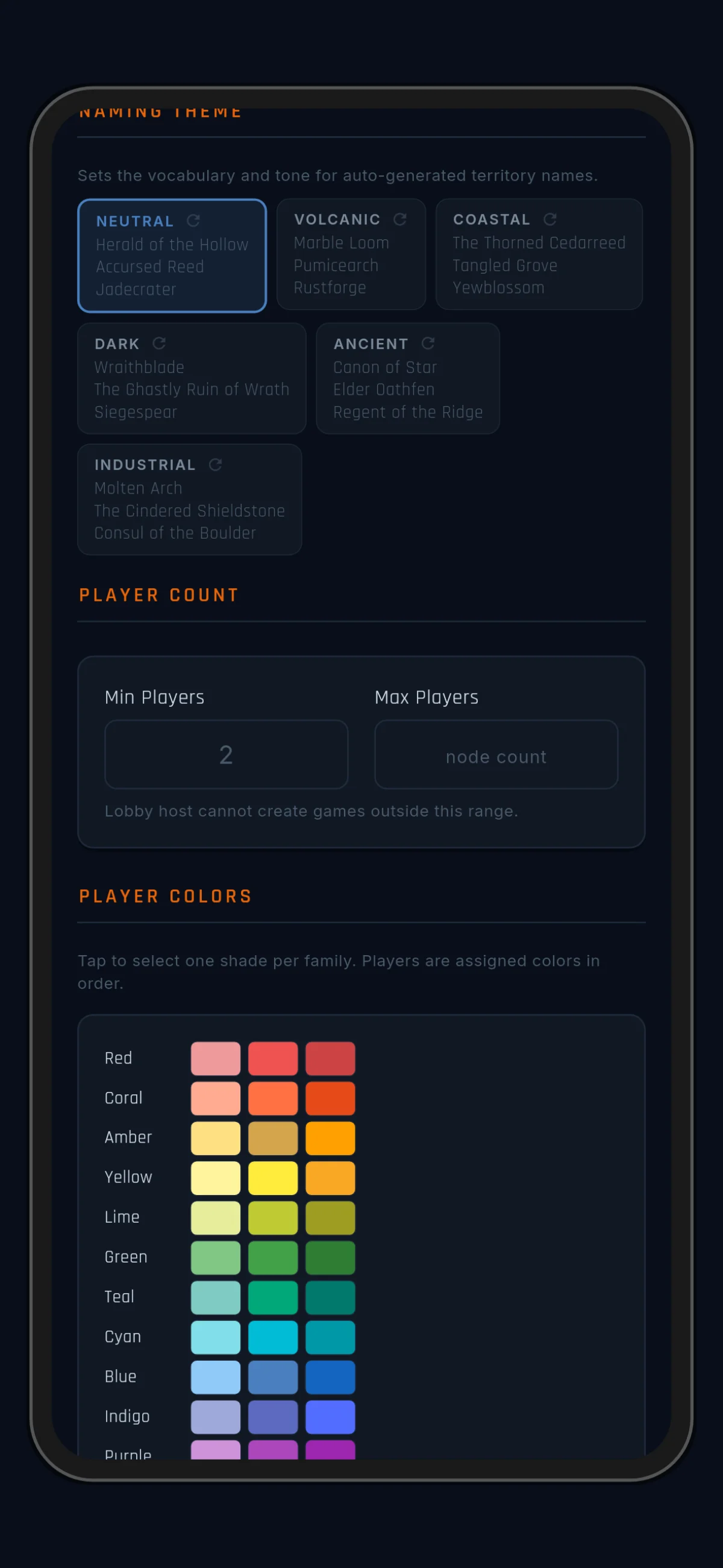 Game Defaults scrolled to its full extent