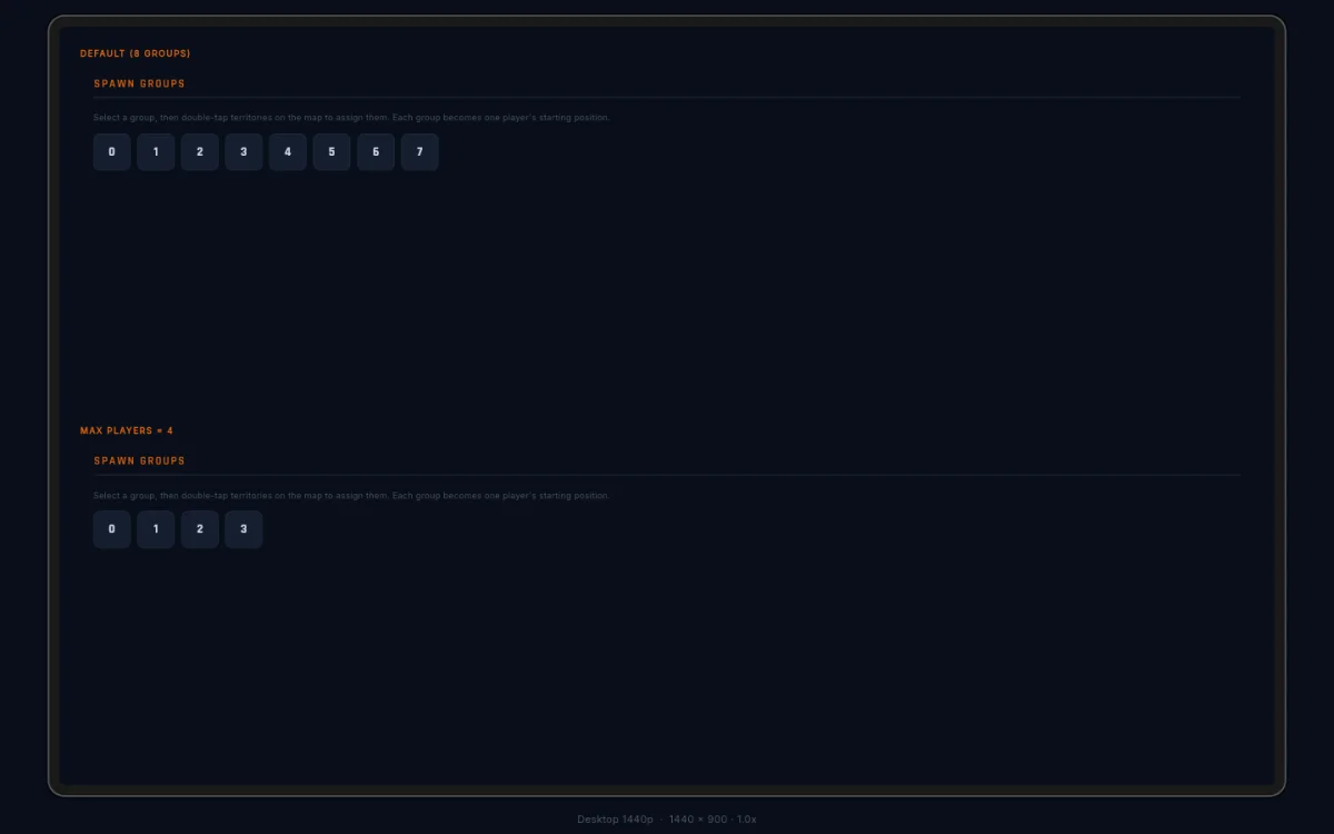 The spawns panel showing group buttons and assignment summary