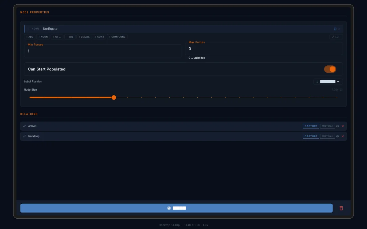 The territories panel with a node selected for editing