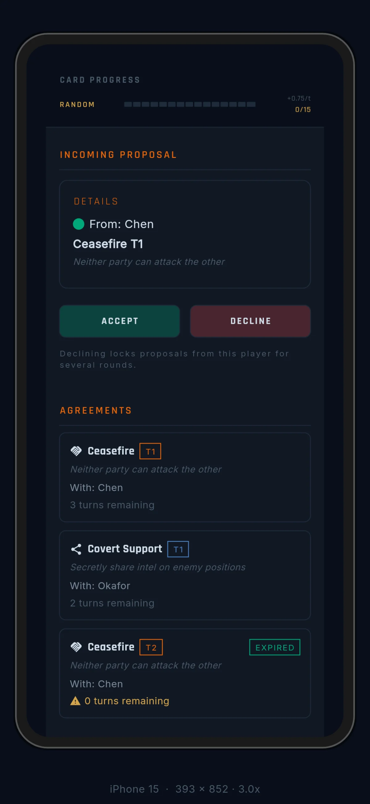 A player's card hand showing card types and tiers