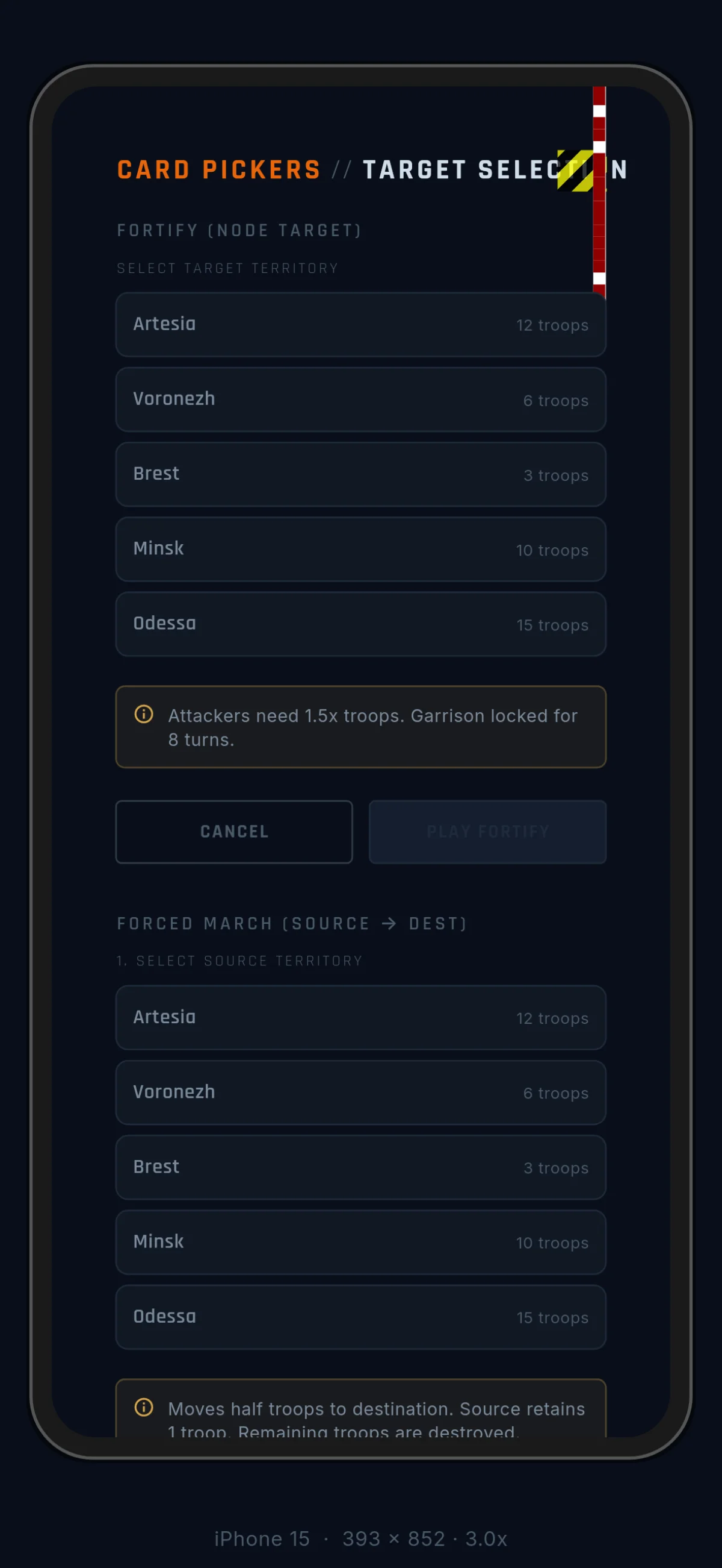 Target selection UI for tactical cards