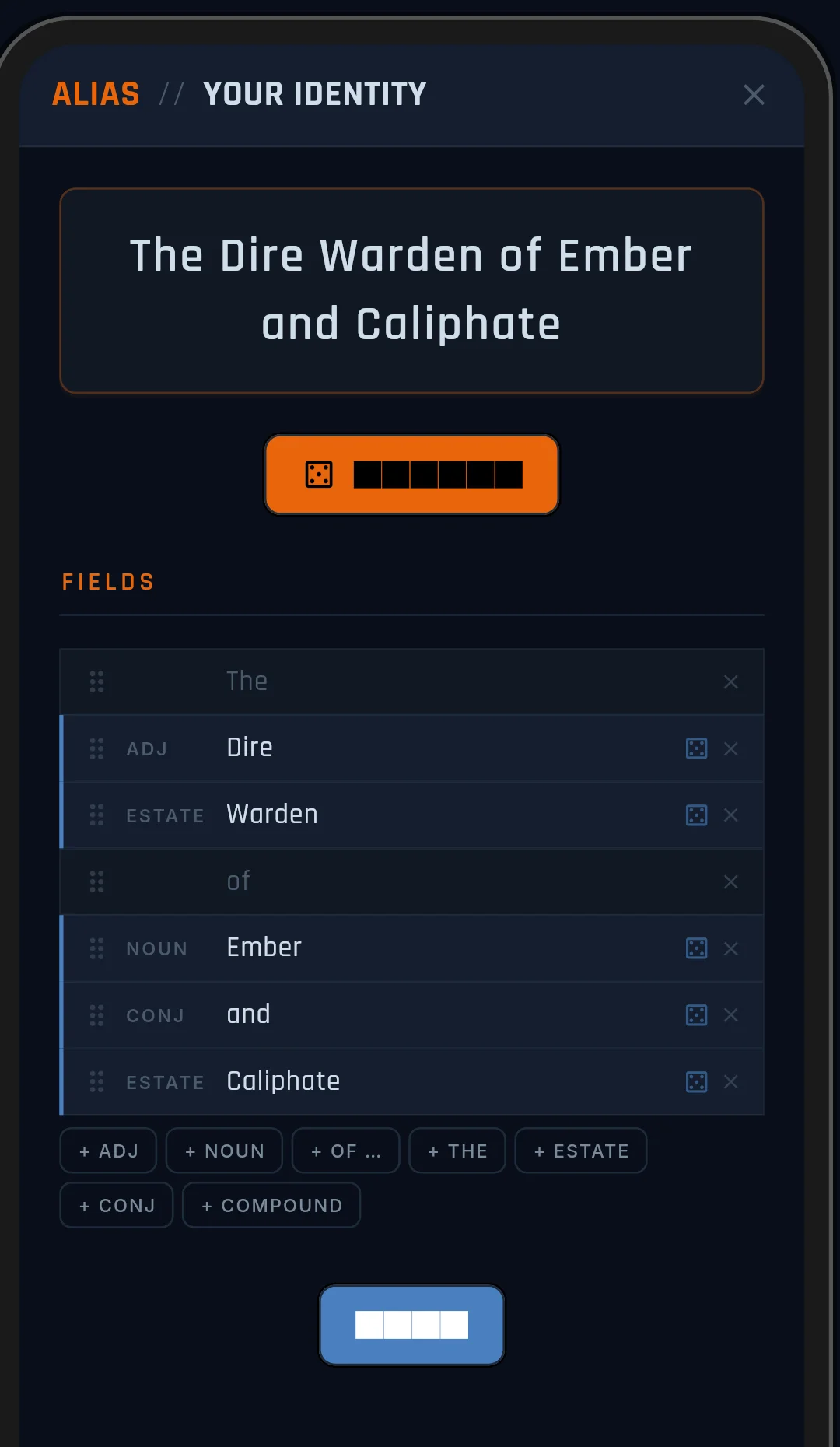 The Choose Mask dialog with a compound name and Reroll