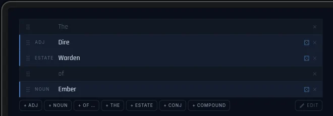 The name editor with draggable parts and the ESTATE/CONJ buttons