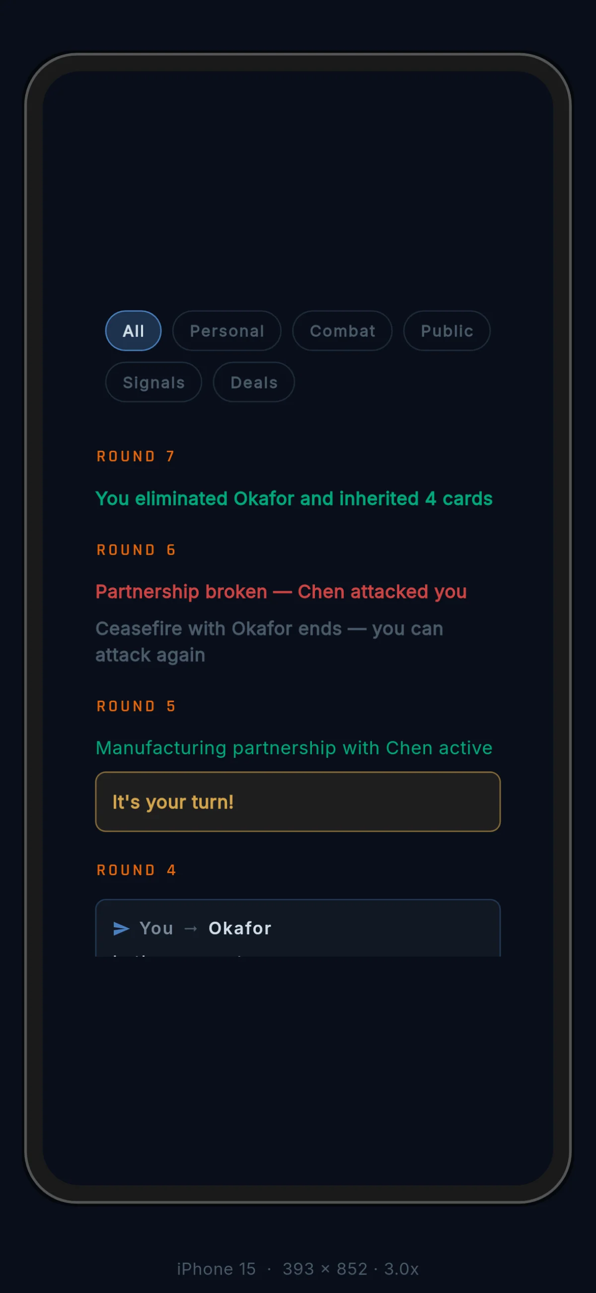 The event log showing combat reports and signals