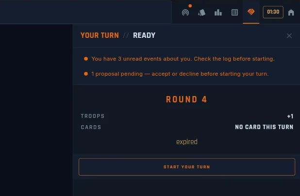 Start of Your Turn panel with both alert banners stacked